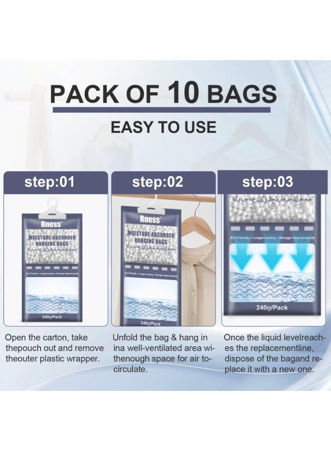 Rness Moisture Absorber Bags (10 Packs, 240g Each) - 2X Larger Capacity Calcium Chloride Hanging Closet, Dehumidifier for Closet, Wardrobe, Bathroom, Bedroom‌-Odor Eliminator with Fragrance Free - Image 4