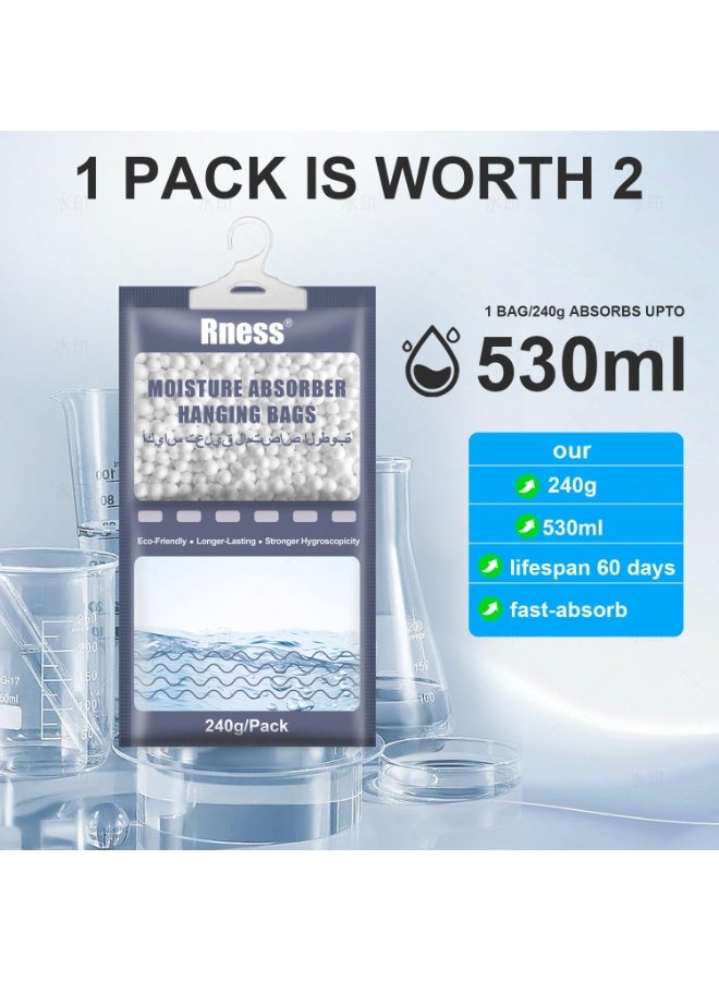 Rness Moisture Absorber Bags (10 Packs, 240g Each) - 2X Larger Capacity Calcium Chloride Hanging Closet, Dehumidifier for Closet, Wardrobe, Bathroom, Bedroom‌-Odor Eliminator with Fragrance Free - Image 3