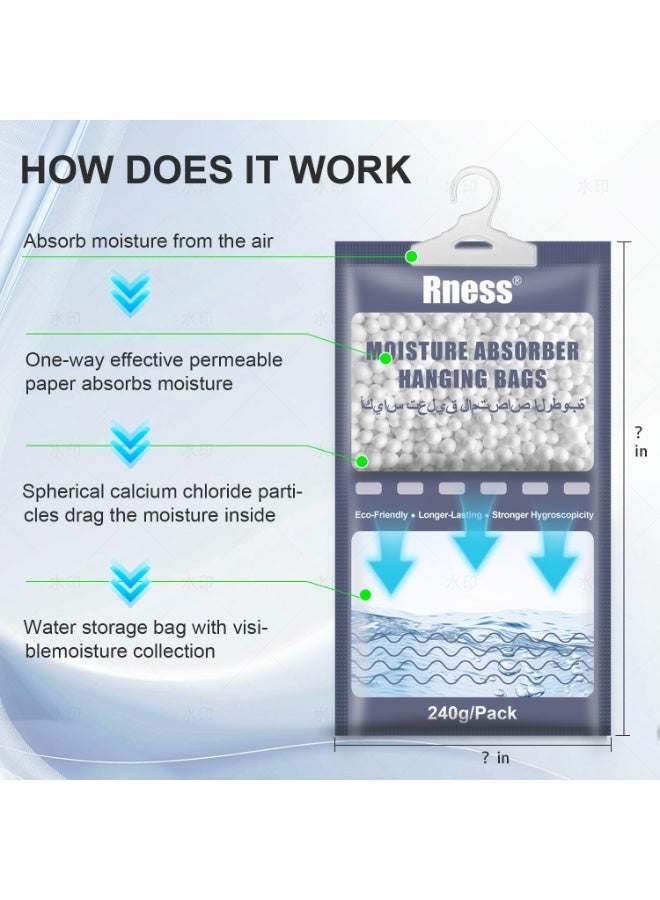 Rness Moisture Absorber Bags (10 Packs, 240g Each) - 2X Larger Capacity Calcium Chloride Hanging Closet, Dehumidifier for Closet, Wardrobe, Bathroom, Bedroom‌-Odor Eliminator with Fragrance Free - Image 5