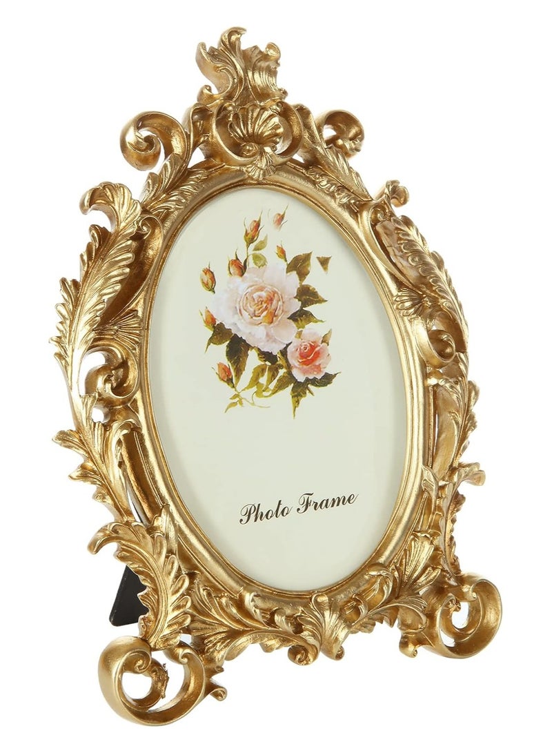 إطار صور ذهبي كلاسيكي فاخر من مادة الراتينج المزخرف بزهور، مع زجاج أمامي لوضع الصور - إطار طاولات أنيق بتصميم عتيق لديكور المنزل والمكتب (L) - Image 1