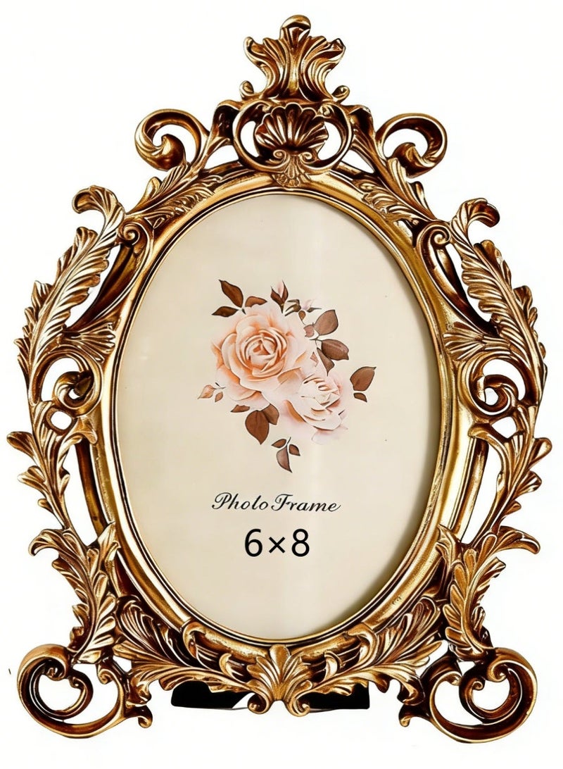 إطار صور ذهبي عتيق 6x8 بيضاوي للطاولة بطراز باروك، إطار مزخرف محفور من الراتنج لديكور المنزل - Image 1