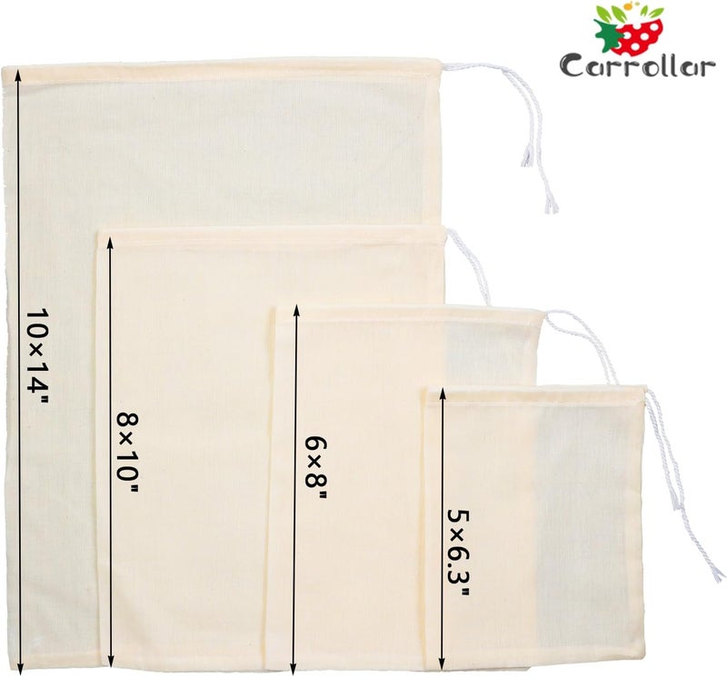 Carrollar 4 حقيبة حليب المكسرات، 4 أحجام من أكياس الشاش القطني غير المبيض، أكياس تصفية الطعام، أكياس تصفية الموزلين القابلة لإعادة الاستخدام للزبادي والعصير والنبيذ وصنع الجبن (5×6.3 بوصة / 6×8 بوصة / 8×10 بوصة / 10×14 بوصة) - Image 3