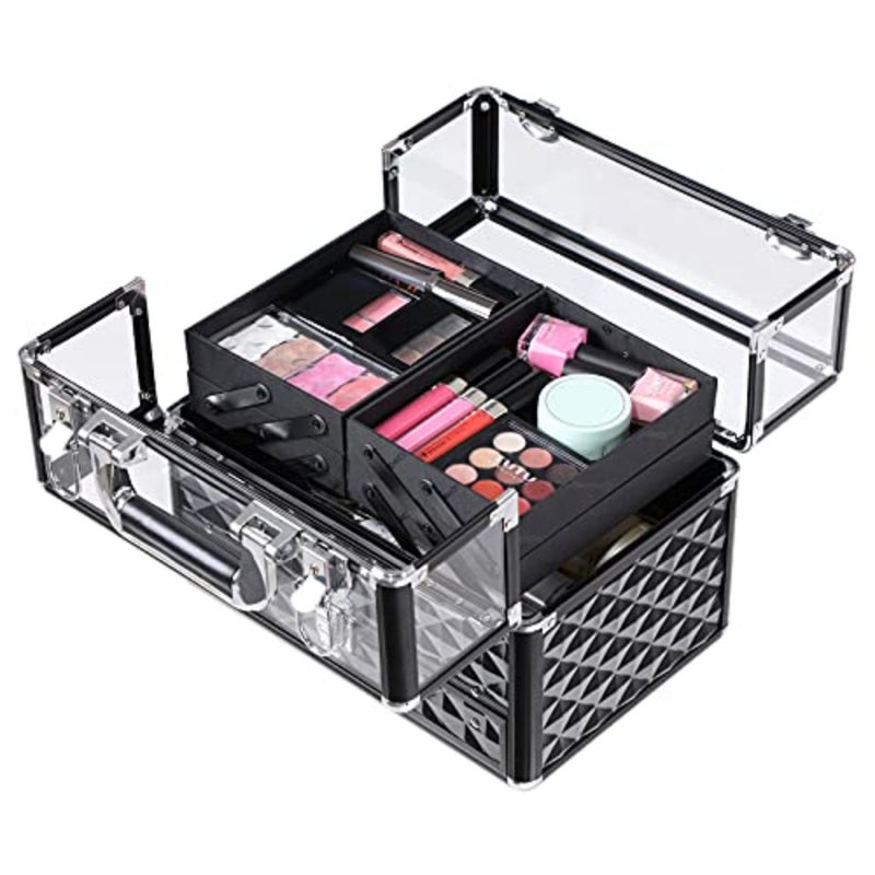 Deluxe Makeup Case, Beauty Cosmetic, Vanity Organiser, for Professional Artist Use, Train Case with Transparent Acrylic Lid and Pull-Out Tray, Black JBC318B - Image 3