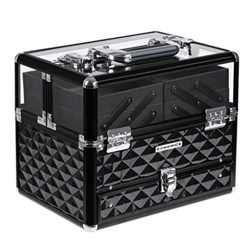 Deluxe Makeup Case, Beauty Cosmetic, Vanity Organiser, for Professional Artist Use, Train Case with Transparent Acrylic Lid and Pull-Out Tray, Black JBC318B - Image 1