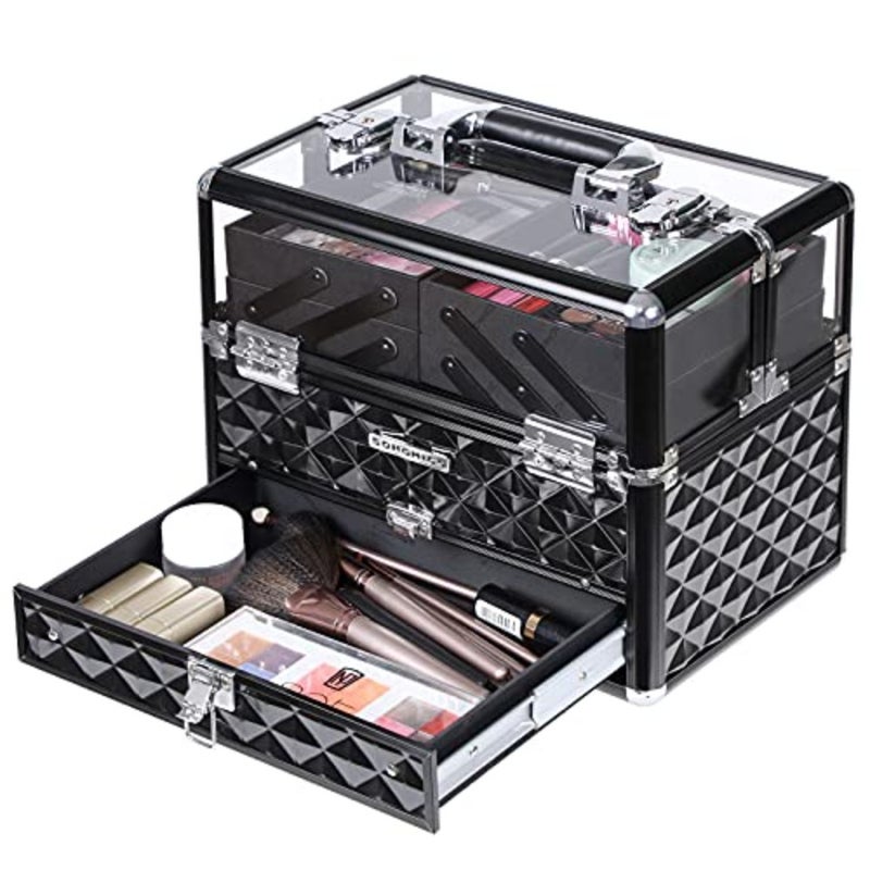 Deluxe Makeup Case, Beauty Cosmetic, Vanity Organiser, for Professional Artist Use, Train Case with Transparent Acrylic Lid and Pull-Out Tray, Black JBC318B - Image 2