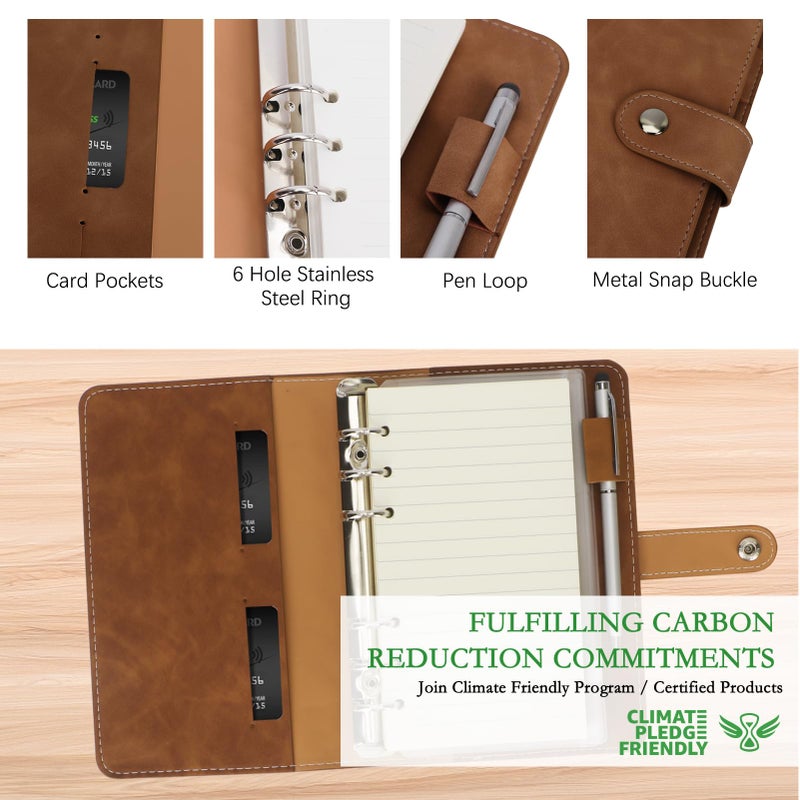 FYY A6 Binder Refillable Planner Notebook 6 Ring PU Leather Binder Journal with Pockets, Dividers, Refill Paper Brown - Image 3