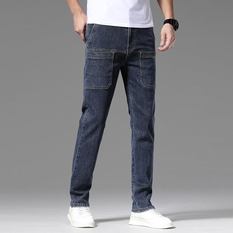 Generic Six-pocket stretch mens jeans autumn new youth popular small straight pants mens multi-bag casual trousers 8207 dark blue 
