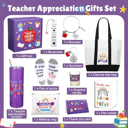 FoldTier Teacher Appreciation Gifts Thank You Best Teacher Gift for Women Canvas Tote Bag 20 oz Tumbler Scented Candle Thank You Appreciation Week Themed Retirement Basket Ideas(Blue,Novel) - Image 3