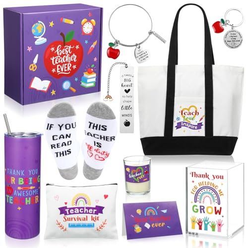 FoldTier Teacher Appreciation Gifts Thank You Best Teacher Gift for Women Canvas Tote Bag 20 oz Tumbler Scented Candle Thank You Appreciation Week Themed Retirement Basket Ideas(Blue,Novel) - Image 1