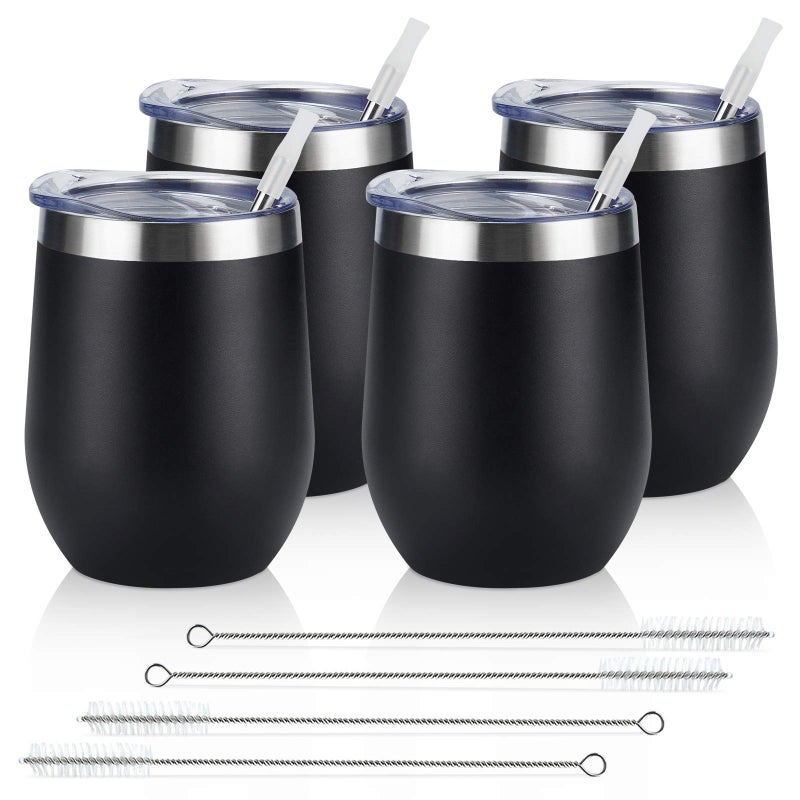 Lifecapido Lifecapido 4 Pack 12Oz Stainless Steel Stemless Wine Glasses Insulated Wine Tumbler Stainless Steel Wine Tumbler Cups with Lids and Straws for Coffee Cocktails Wine Champaign Black 