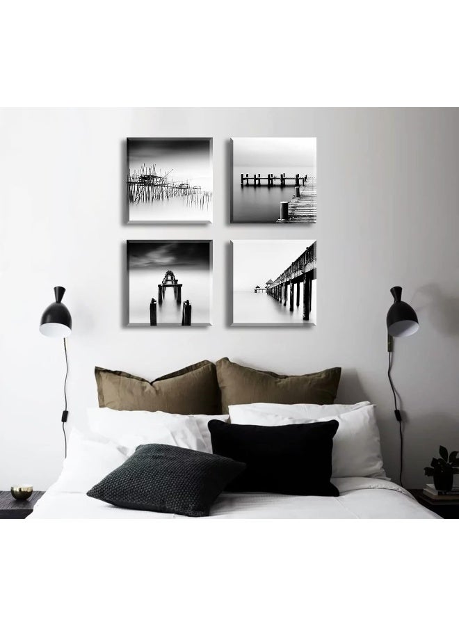 DJSYLIFE Black and White Coastal Wall Art Beach Pictures Bathroom Wall Decor Seascape Canvas Print Painting for Modern Abstract Living Room Bedroom Home Office Decorations 12" W x 12" H 4 Pieces - Image 3