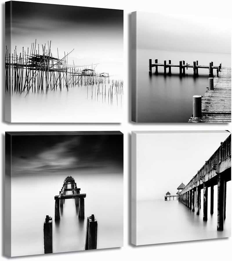 DJSYLIFE Black and White Coastal Wall Art Beach Pictures Bathroom Wall Decor Seascape Canvas Print Painting for Modern Abstract Living Room Bedroom Home Office Decorations 12" W x 12" H 4 Pieces - Image 1