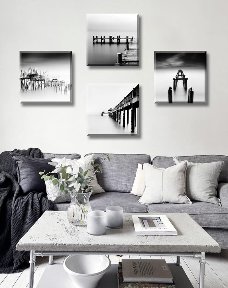 DJSYLIFE Black and White Coastal Wall Art Beach Pictures Bathroom Wall Decor Seascape Canvas Print Painting for Modern Abstract Living Room Bedroom Home Office Decorations 12" W x 12" H 4 Pieces - Image 2