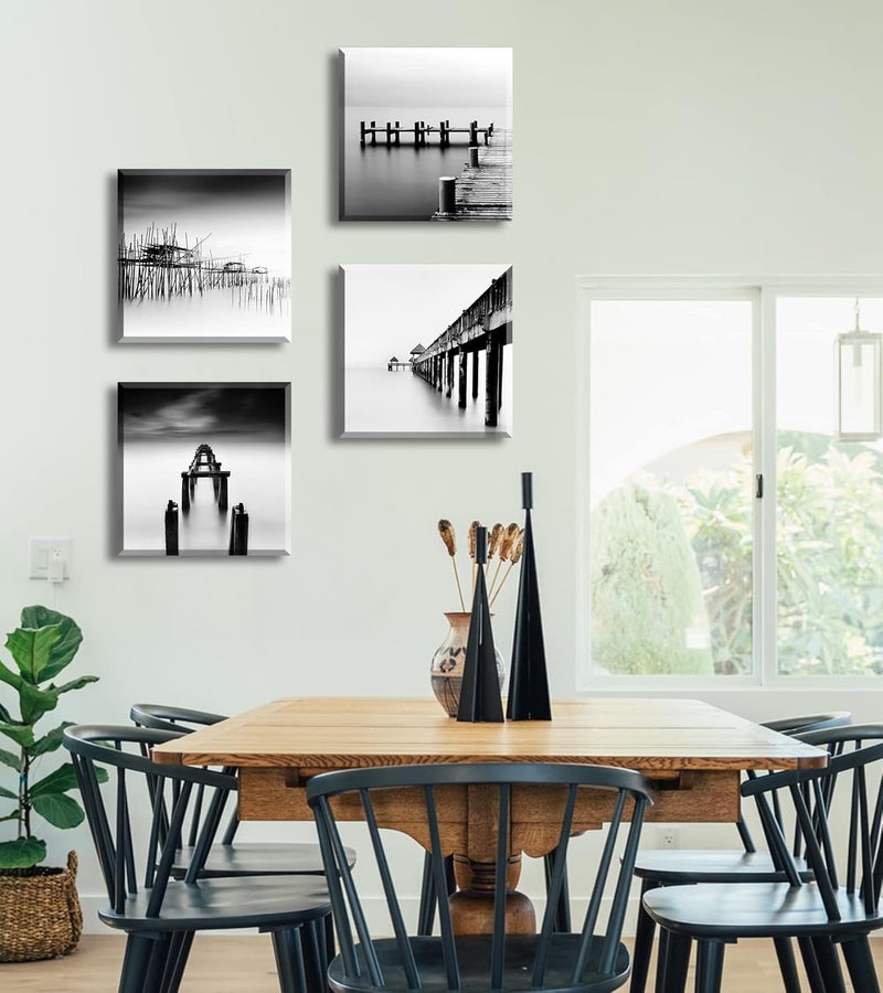 DJSYLIFE Black and White Coastal Wall Art Beach Pictures Bathroom Wall Decor Seascape Canvas Print Painting for Modern Abstract Living Room Bedroom Home Office Decorations 12" W x 12" H 4 Pieces - Image 4