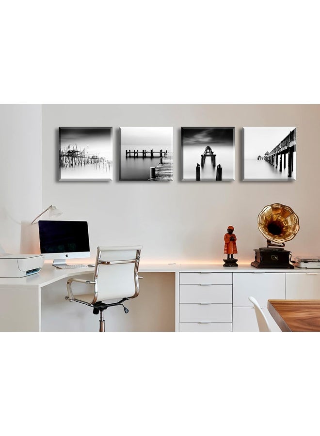 DJSYLIFE Black and White Coastal Wall Art Beach Pictures Bathroom Wall Decor Seascape Canvas Print Painting for Modern Abstract Living Room Bedroom Home Office Decorations 12" W x 12" H 4 Pieces - Image 5