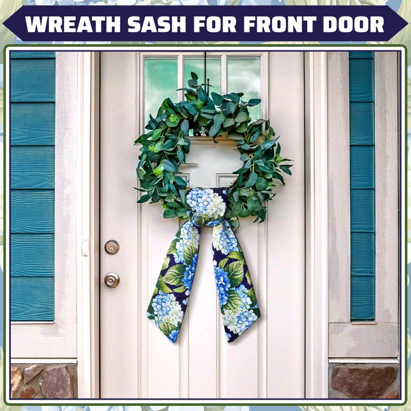 CraftyDream Wreath Sash for Front Door Wreath Satin Sash Blank Sashes Embroidery Monogram Yard Doorway Indoor Outdoor Wall Ribbon Bow Home Decor(Blue, Green,Summer Hydrangea) - Image 2