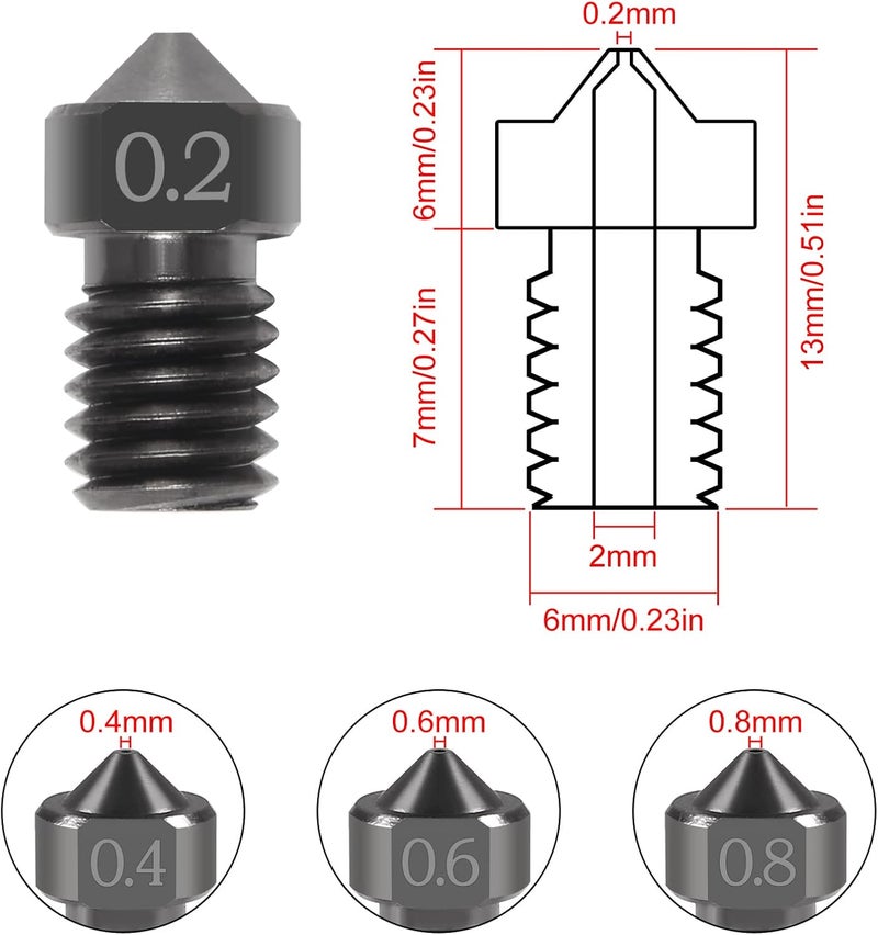 AITIAO 3D Printer Extruder Nozzle 0.2 0.4 0.6 0.8mm Hardened Steel Nozzle Extruder Print Head +Stainless Steel Cleaning Kit for 1.75mm Filament V5-V6 3D Printer Prusa I3 (12PCS) - Image 2