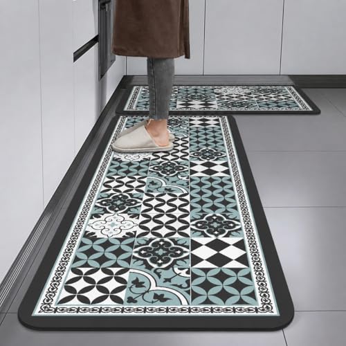 Home-Cloud HomeCloud Rubber Kitchen Mats for Floor Set of 2 Pcs|Non-Skid, Soft Absorbent Rugs for Kitchen, Laundry, and Hallway|120x40cm, 40x60cm| 4mm Thickness (Moroccan_Blue) - Image 1
