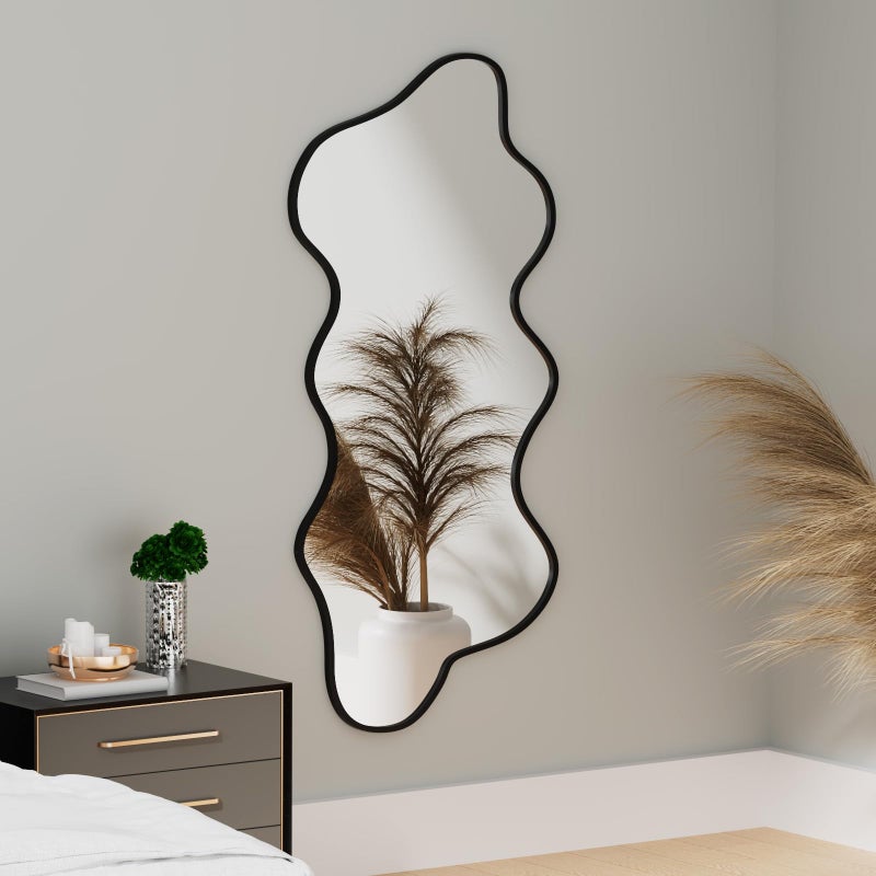osemy Irregular Wavy Wall Mirror Asymmetrical Shaped Aluminum Alloy Framed Big Unique Full Length Mirror for Living Room Bathroom Bedroom Entryway Fireplace (Black, 47"x21") - Image 1