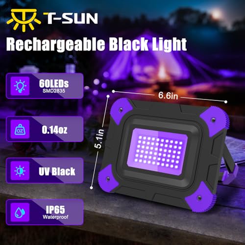 T-SUN TSUN Rechargeable Black Lights Battery Powered Black Light for Fishing Portable Work Light for Glow Party Body Paint Fluorescent Poster Neon Party 2 Packs - Image 3