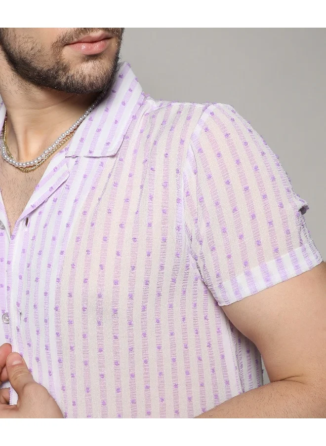 Campus Sutra Men's White & Lavender Balanced Striped Shirt