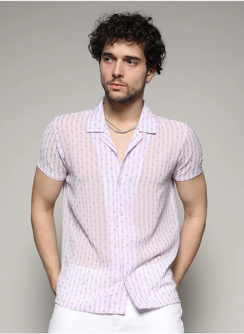 Campus Sutra Men's White & Lavender Balanced Striped Shirt