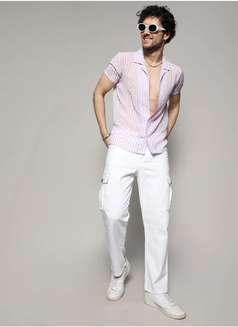 Campus Sutra Men's White & Lavender Balanced Striped Shirt