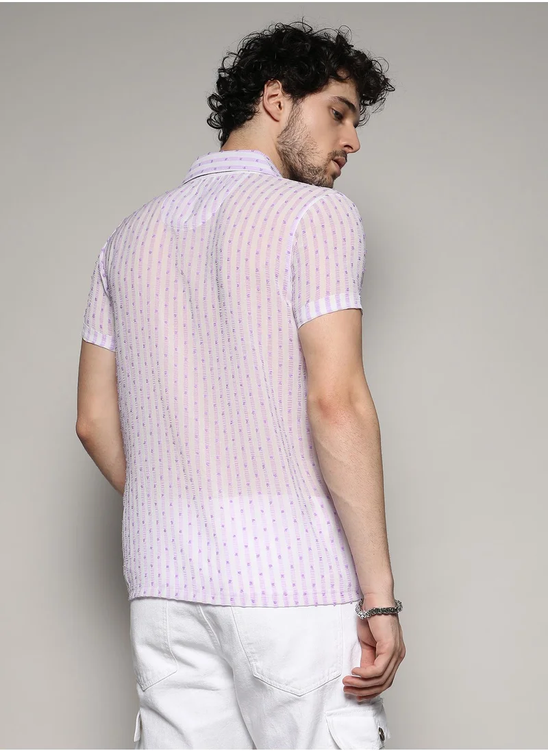 Campus Sutra Men's White & Lavender Balanced Striped Shirt