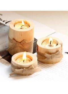 Cozy Nest 3 Piece Rustic Wooden Tea Light Cylindrical Candlestick Holders with Bowknot & Succulent Pot–Decorative Table Centerpieces for Wedding Party Birthday Holiday & Home Decoration  - Image 1