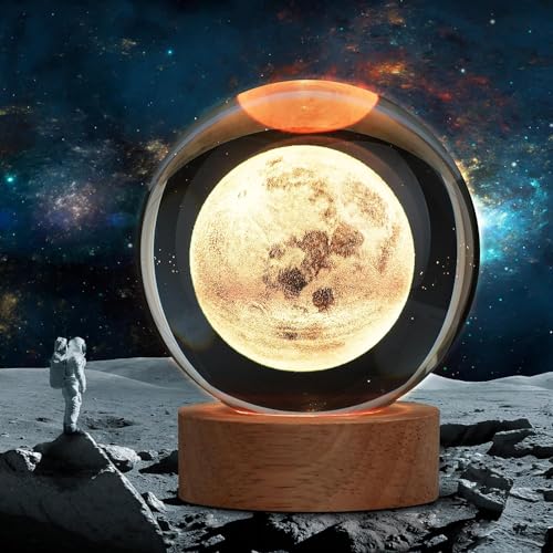 SHOPOGENIX Solar System Moon Crystal Ball Night Light 60mm,Glass Ball Night LED Lamp with USB Powered 2.4 Inch Wooden Base Colorful Crystal Ball for Gifts Men,Women,Kids,Boys,Girls (Moon Light) - Image 5