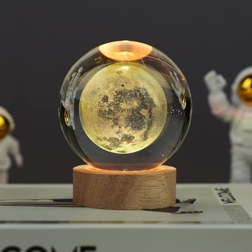 SHOPOGENIX Solar System Moon Crystal Ball Night Light 60mm,Glass Ball Night LED Lamp with USB Powered 2.4 Inch Wooden Base Colorful Crystal Ball for Gifts Men,Women,Kids,Boys,Girls (Moon Light) - Image 3