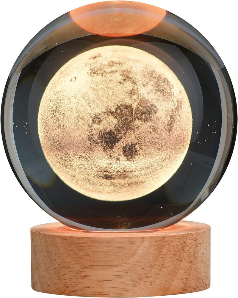 SHOPOGENIX Solar System Moon Crystal Ball Night Light 60mm,Glass Ball Night LED Lamp with USB Powered 2.4 Inch Wooden Base Colorful Crystal Ball for Gifts Men,Women,Kids,Boys,Girls (Moon Light) - Image 1