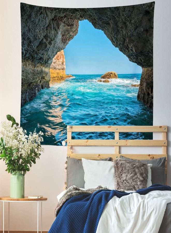 Loccor Sea Cave Tapestry Blue Ocean Water Waves Rocks Scenic Tapestries Nature Beach Island Landscape Wall Hanging for Bedroom Aesthetic Living Room Dorm Home Decor W80''xH60'' - Image 3
