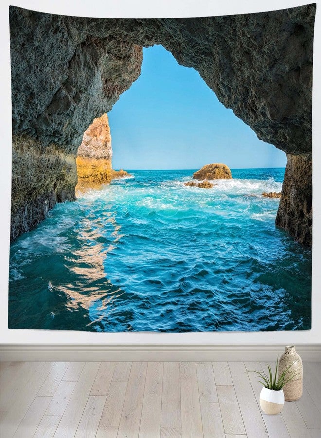 Loccor Sea Cave Tapestry Blue Ocean Water Waves Rocks Scenic Tapestries Nature Beach Island Landscape Wall Hanging for Bedroom Aesthetic Living Room Dorm Home Decor W80''xH60'' - Image 1