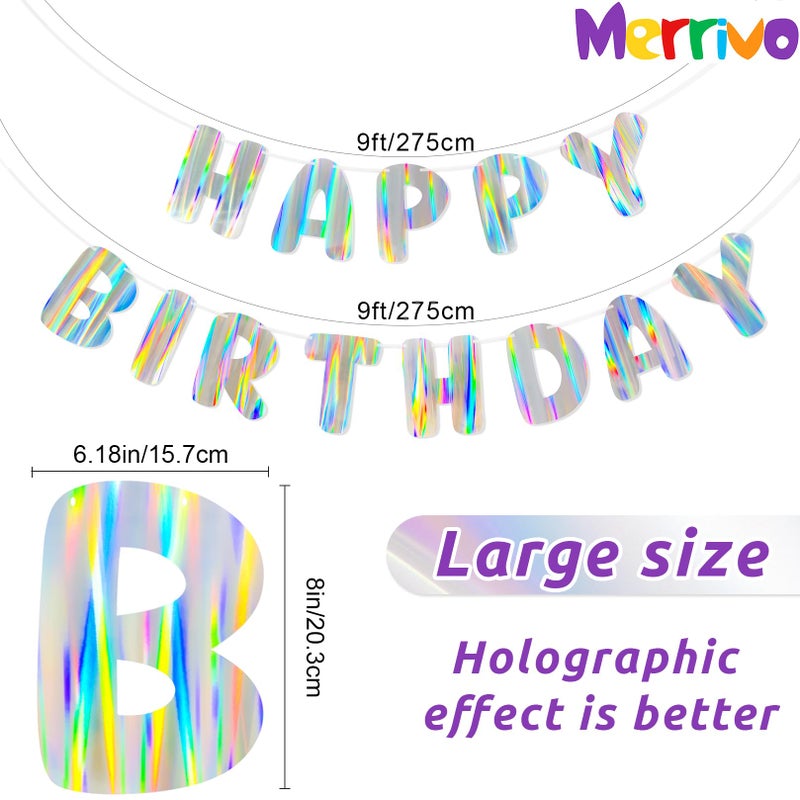 Merrivo Iridescent Happy Birthday Banner, Pre-Strung Holographic Birthday Decorations Vibrant Party Sign with Aurora, Rainbow Effects - Image 2