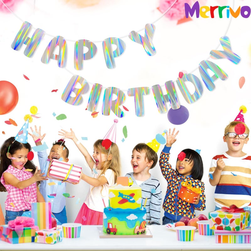 Merrivo Iridescent Happy Birthday Banner, Pre-Strung Holographic Birthday Decorations Vibrant Party Sign with Aurora, Rainbow Effects - Image 5