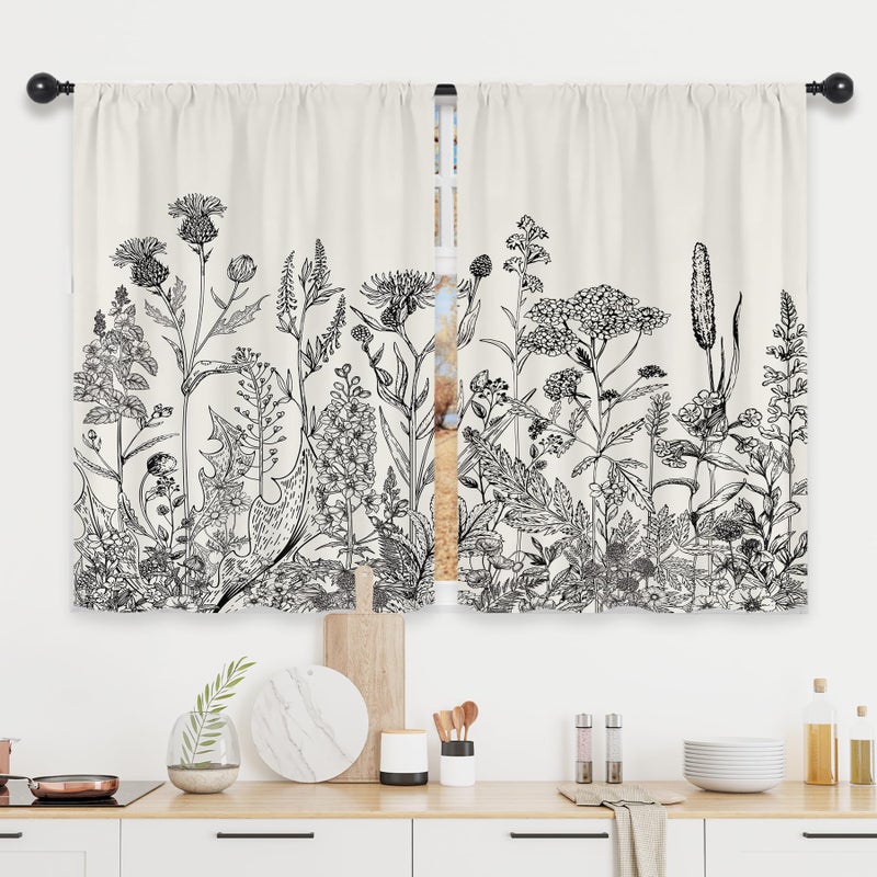 Riyidecor Riyidecor Floral Leave Plant Small Curtains Botanical Wildflower Rod Pocket Farmhouse Pattern Cafe Curtains Herb Spring Nature Rustic Farm Bedroom Living Room Treatment Fabric 2 Panels 42Wx45H Inch 