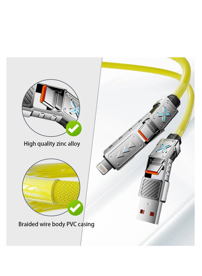 4-in-1 USB-C Cable, 240W PD 5A Fast Charging Cable & Data Sync, 5FT Colorful Breath Light Silicone Charger Cord with Type C/USB A for Laptop iPhone iPad MacBook ect (Yellow) - Image 2