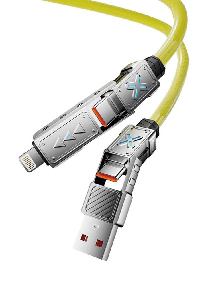 4-in-1 USB-C Cable, 240W PD 5A Fast Charging Cable & Data Sync, 5FT Colorful Breath Light Silicone Charger Cord with Type C/USB A for Laptop iPhone iPad MacBook ect (Yellow) - Image 1