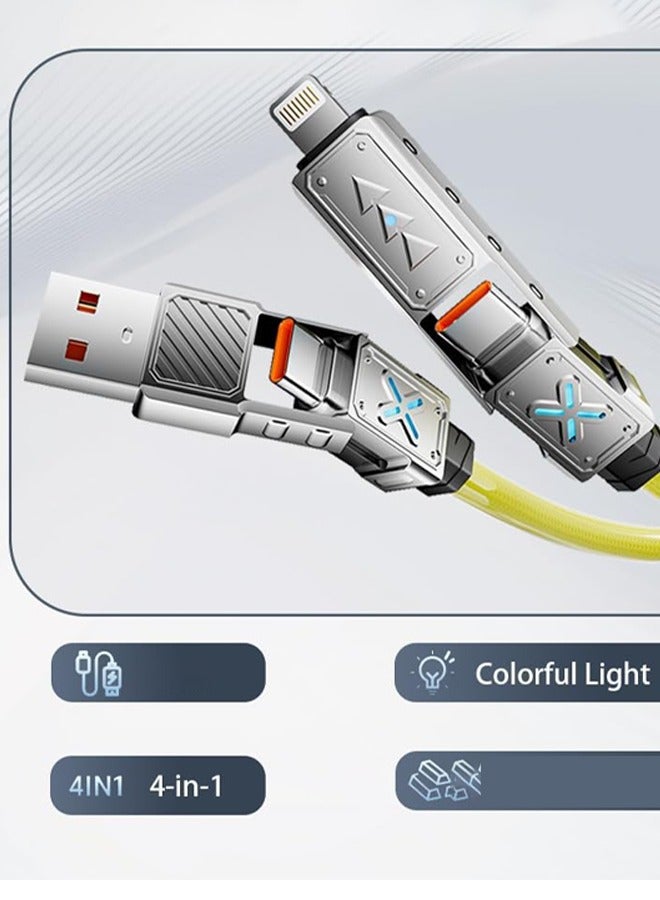 4-in-1 USB-C Cable, 240W PD 5A Fast Charging Cable & Data Sync, 5FT Colorful Breath Light Silicone Charger Cord with Type C/USB A for Laptop iPhone iPad MacBook ect (Yellow) - Image 4