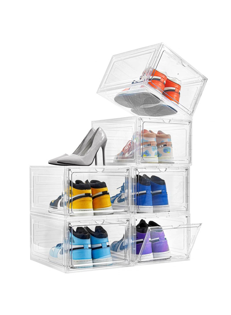 Attelite Drop Front Shoe Box,Set of 6,Stackable Plastic Shoe Box with Clear Door, As Shoe Storage Box and Clear Shoe Box,For Display Sneakers,Easy Assembly,Fit up to US Size 12(13.4â€x 10.6â€x 7.4â€) 