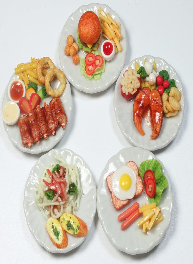 ThaiHonest 5 Pcs Dollhouse Miniature Food Set - Handmade Clay Oven Pork Ribs, Salmon Steak, Burger & Spaghetti on Ceramic Plates, 1/6 Scale Miniature Kitchen Accessories & Collectibles - Image 3