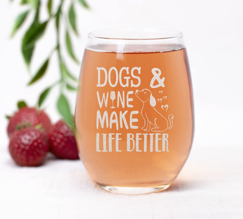 NeeNoNex Funny Gift for Dog Mom Dad Dogs & Wine Make Life Better Stemless Wine Glass - Dog Lover Gift - Image 1