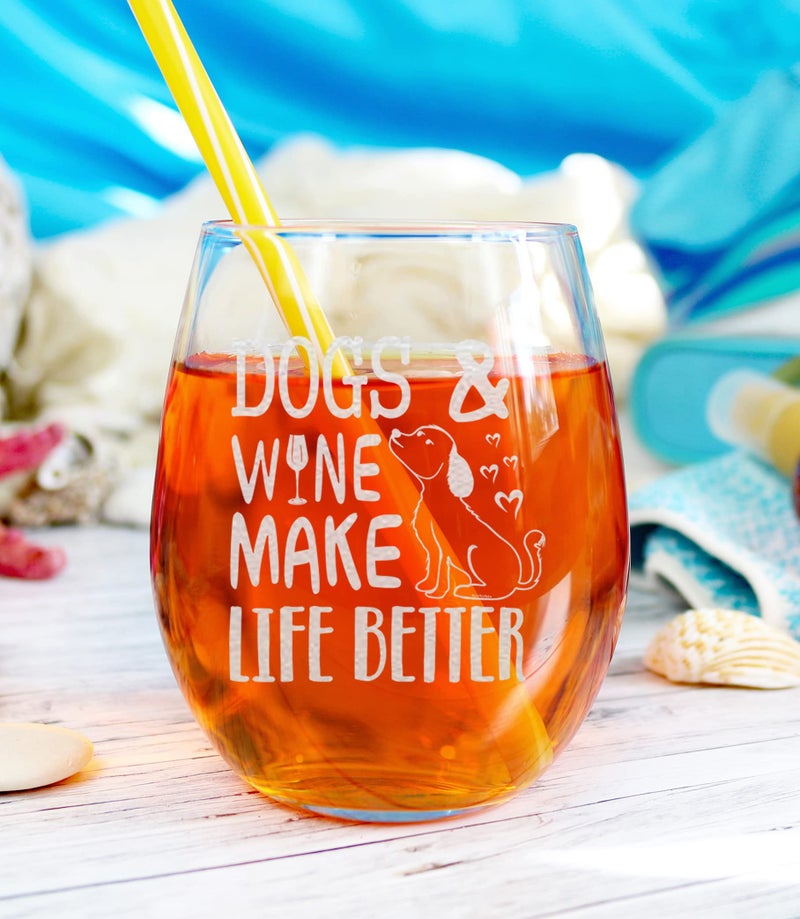 NeeNoNex Funny Gift for Dog Mom Dad Dogs & Wine Make Life Better Stemless Wine Glass - Dog Lover Gift - Image 3