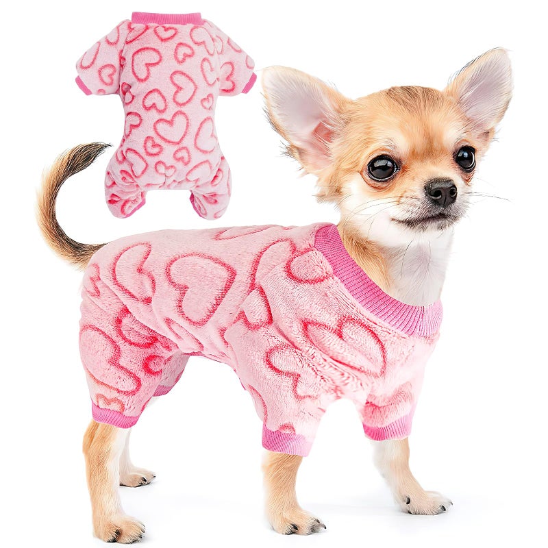 FUTERLY Dog Pajamas Valentine Fleece Dog Clothes Sweaters Small Dogs Pjs Heart Puppy Clothes Onesies Outfits Pink Puppy Pajamas for Small Medium Dogs and Cats (Pink,S) - Image 1