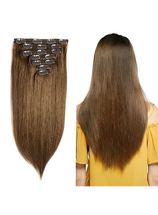 FAAAL 18" Clip in Human Hair Extensions Full Head 150g 7 Pieces 16 Clips 8# Light Brown Double Weft Brazilian Real Remy Hair Extensions Thick Straight Silky (18" 150g, Light Brown) - Image 1