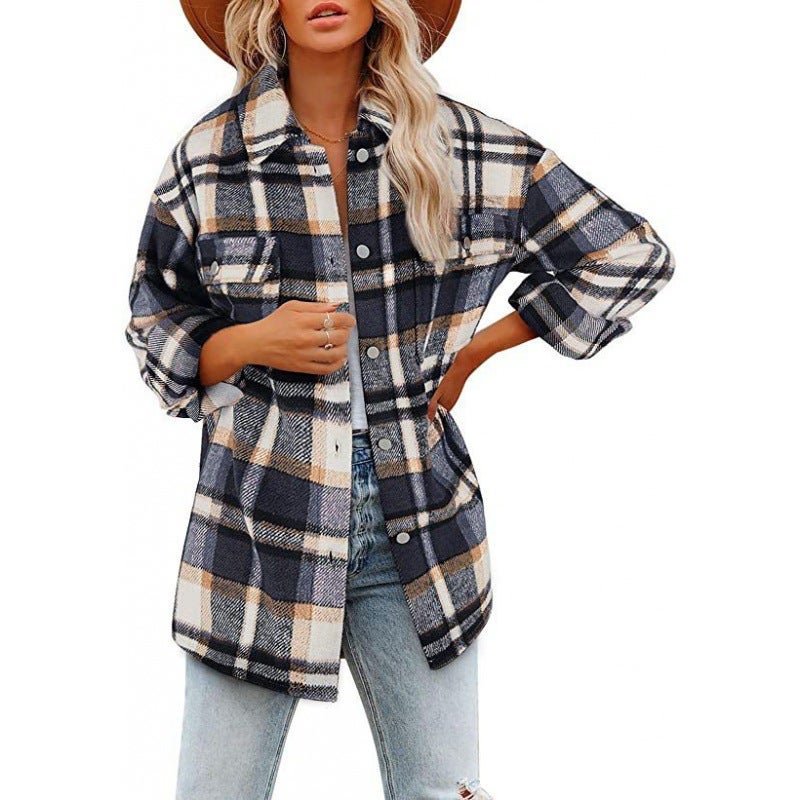2022 Autumn Winter Plaid Wool Coat Womens Casual Loose Long Sleeve Shirt Gray Blue 