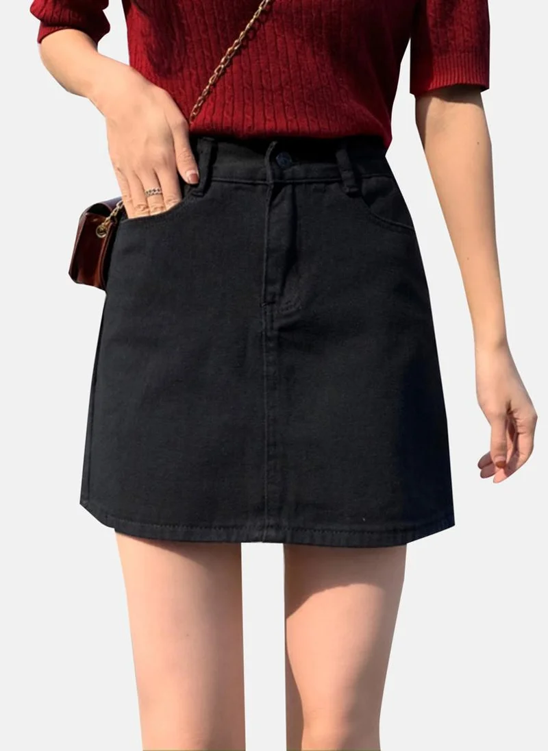 يونيكي Black Solid Denim Mini Skirt