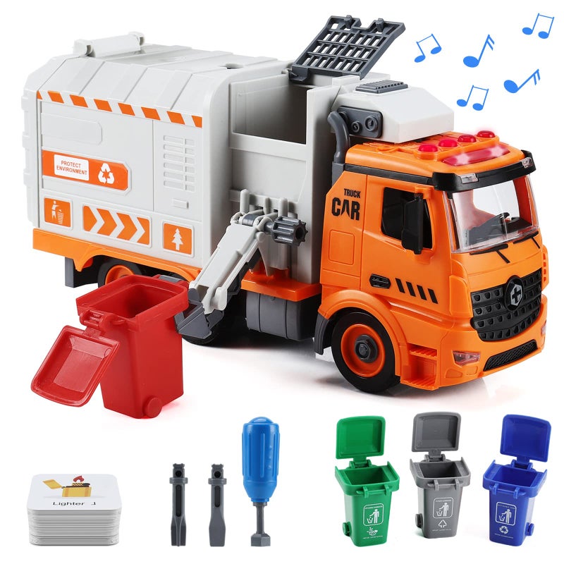Flanney Garbage Truck Toys, DIY Realistic Recycling Trash Truck Toy with Light and Sound, 4 Trash Cans, Gifts for 3 4 5 6 7 8 Year Old Boys Girls Toddlers - Image 1