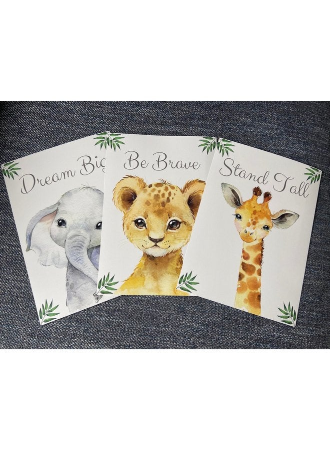 Eviepops Prints Baby Safari Animals for Girl or Boy Nursery Bedroom, Set of 3 Unframed Wall Art Prints, Jungle Leaves Quote Posters, Nursery Decor Gift, Giraffe Elephant Lion, Stand Tall Dream Big Be Brave (12x16) - Image 2
